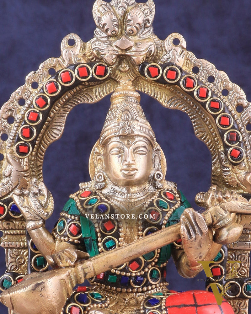 Pure Brass Goddess Saraswati Idol | Meenakari Stonework 8"