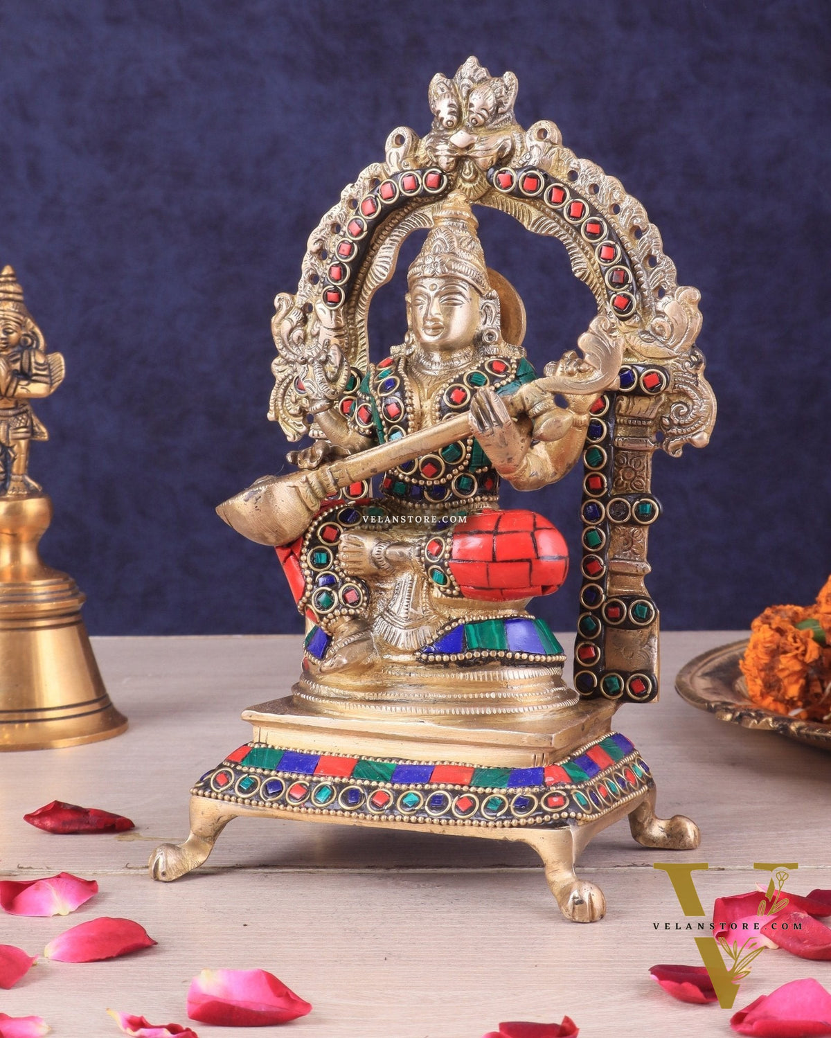 Pure Brass Goddess Saraswati Idol | Meenakari Stonework 8"