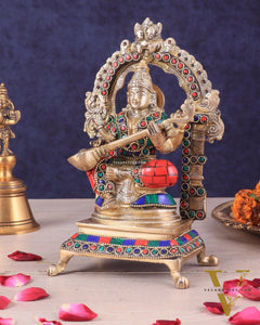 Pure Brass Goddess Saraswati Idol | Meenakari Stonework 8"