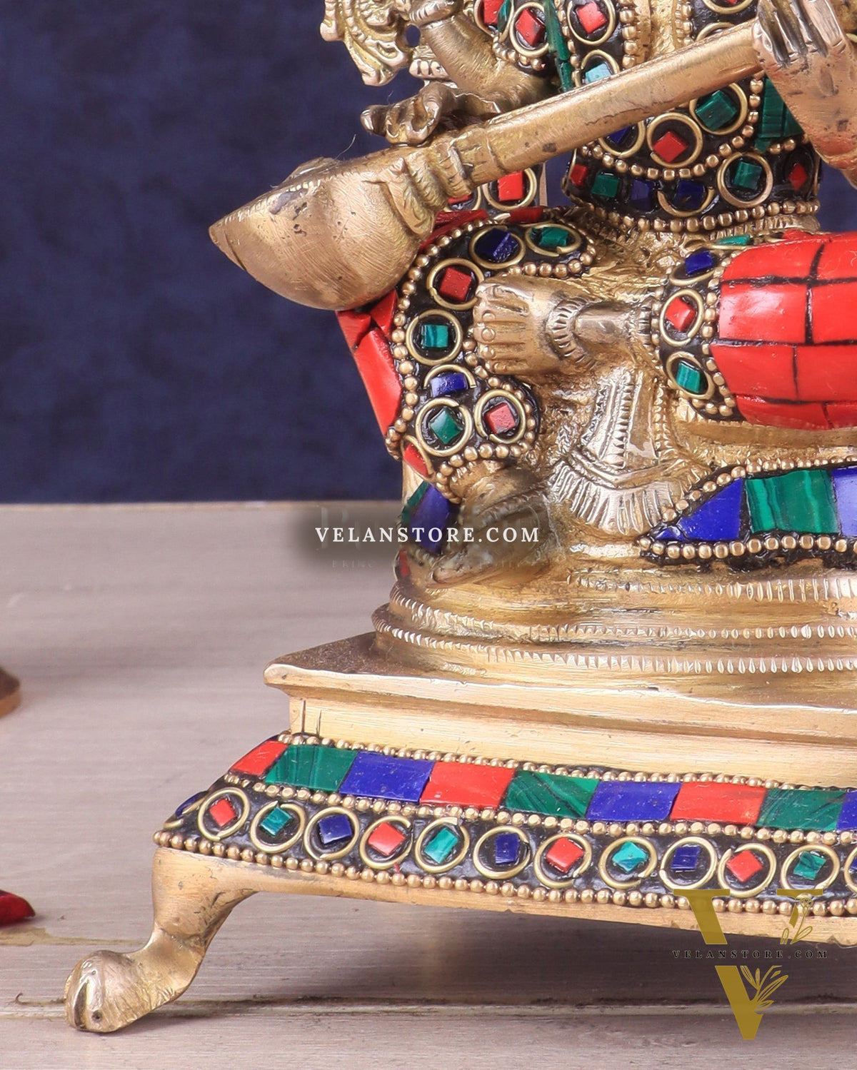 Pure Brass Goddess Saraswati Idol | Meenakari Stonework 8"