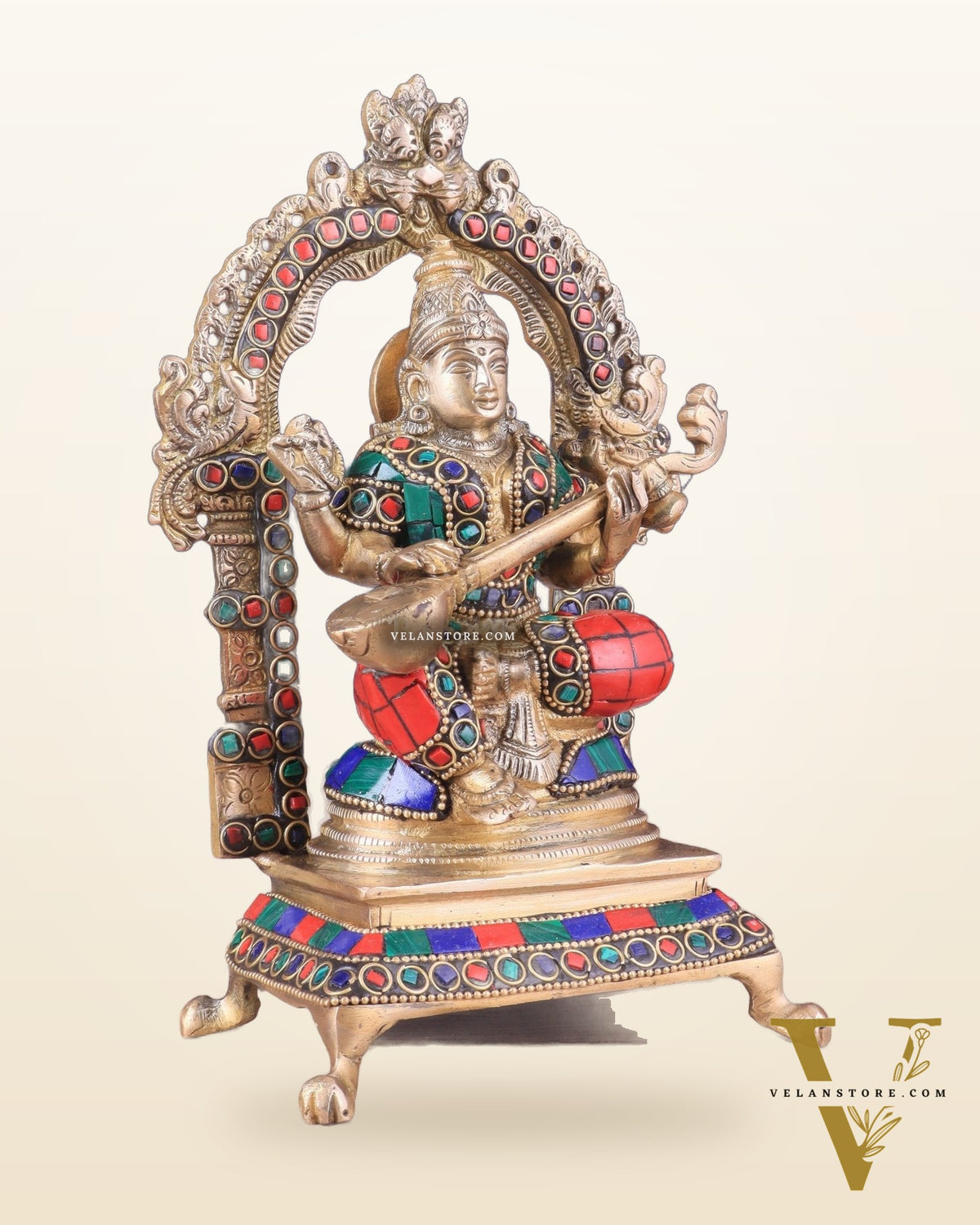 Pure Brass Goddess Saraswati Idol | Meenakari Stonework 8"