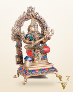 Pure Brass Goddess Saraswati Idol | Meenakari Stonework 8"