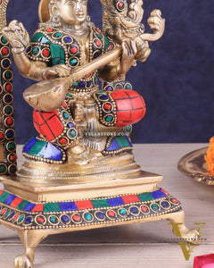 Pure Brass Goddess Saraswati Idol | Meenakari Stonework 8"