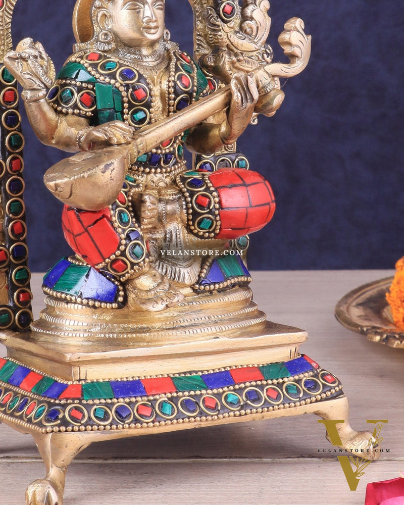 Pure Brass Goddess Saraswati Idol | Meenakari Stonework 8"