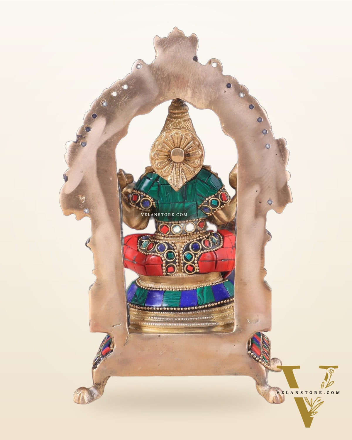 Pure Brass Goddess Saraswati Idol | Meenakari Stonework 8"