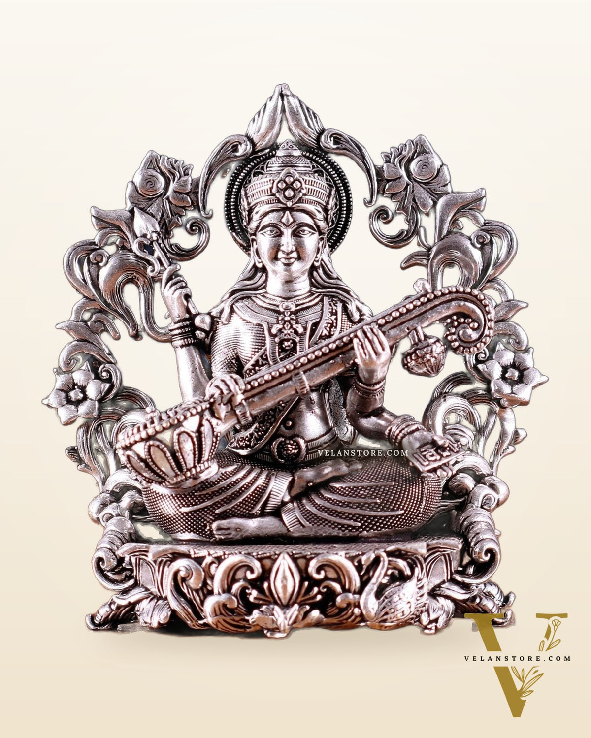 Pure Brass Goddess Saraswati Idol silver plated – 4” superfine