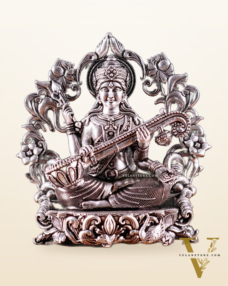 Pure Brass Goddess Saraswati Idol silver plated – 4” superfine