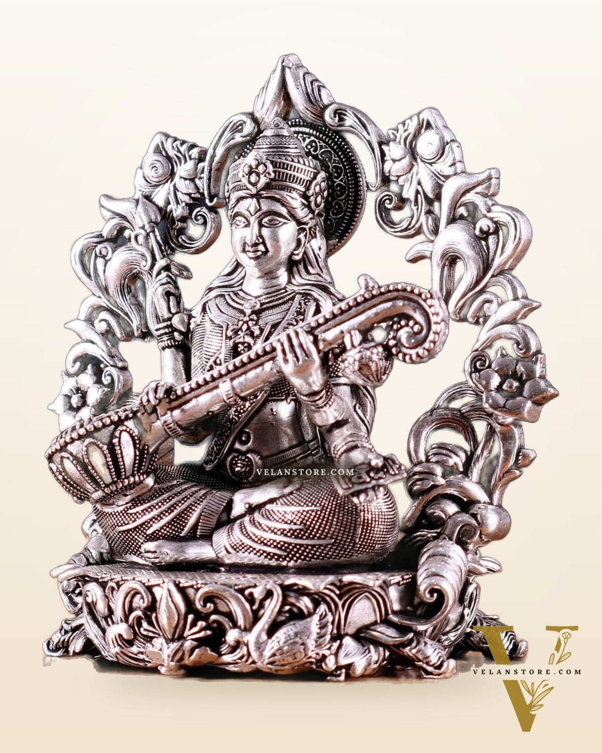 Pure Brass Goddess Saraswati Idol silver plated – 4” superfine
