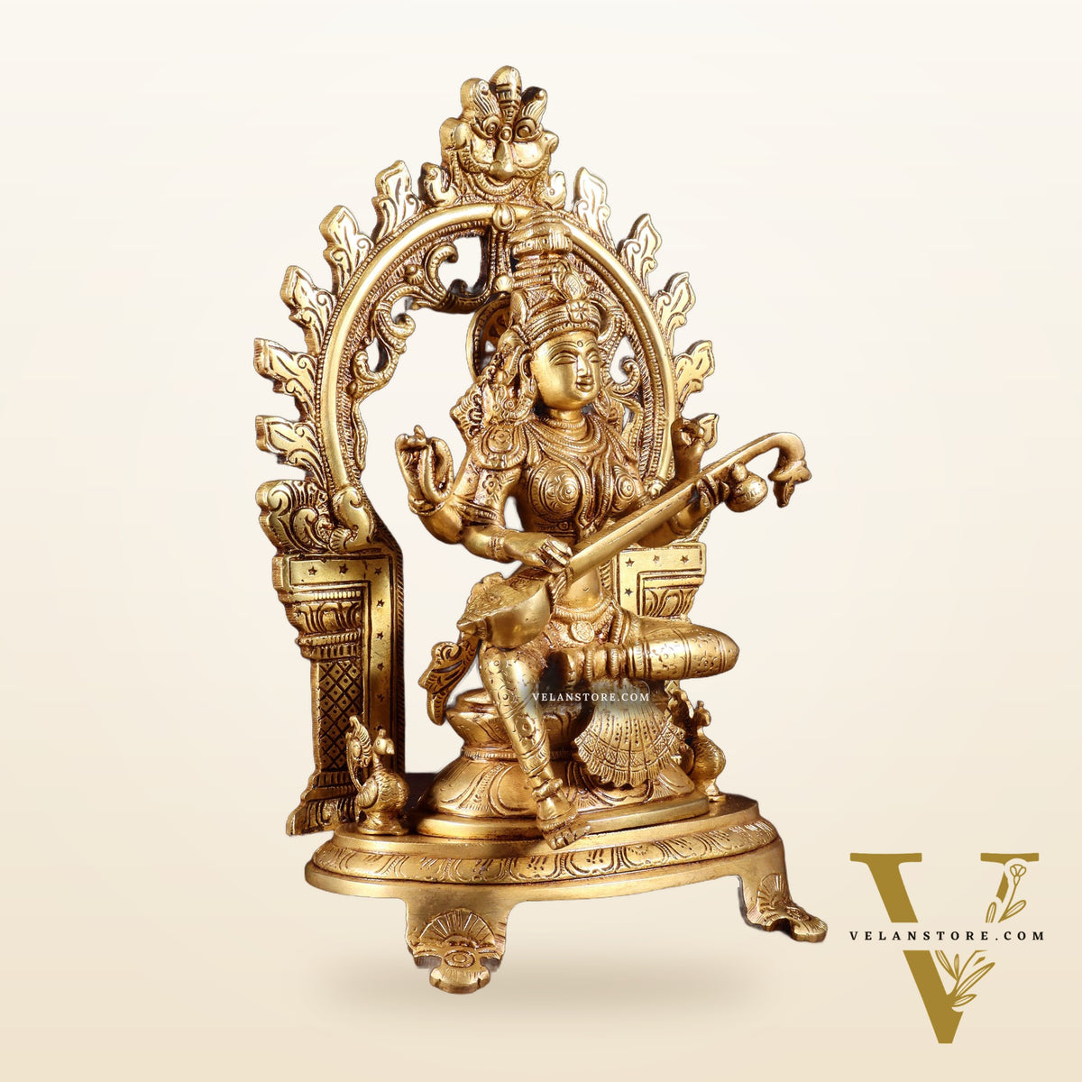 Pure Brass Goddess Saraswati Idol with Prabhavali | 12 Inch