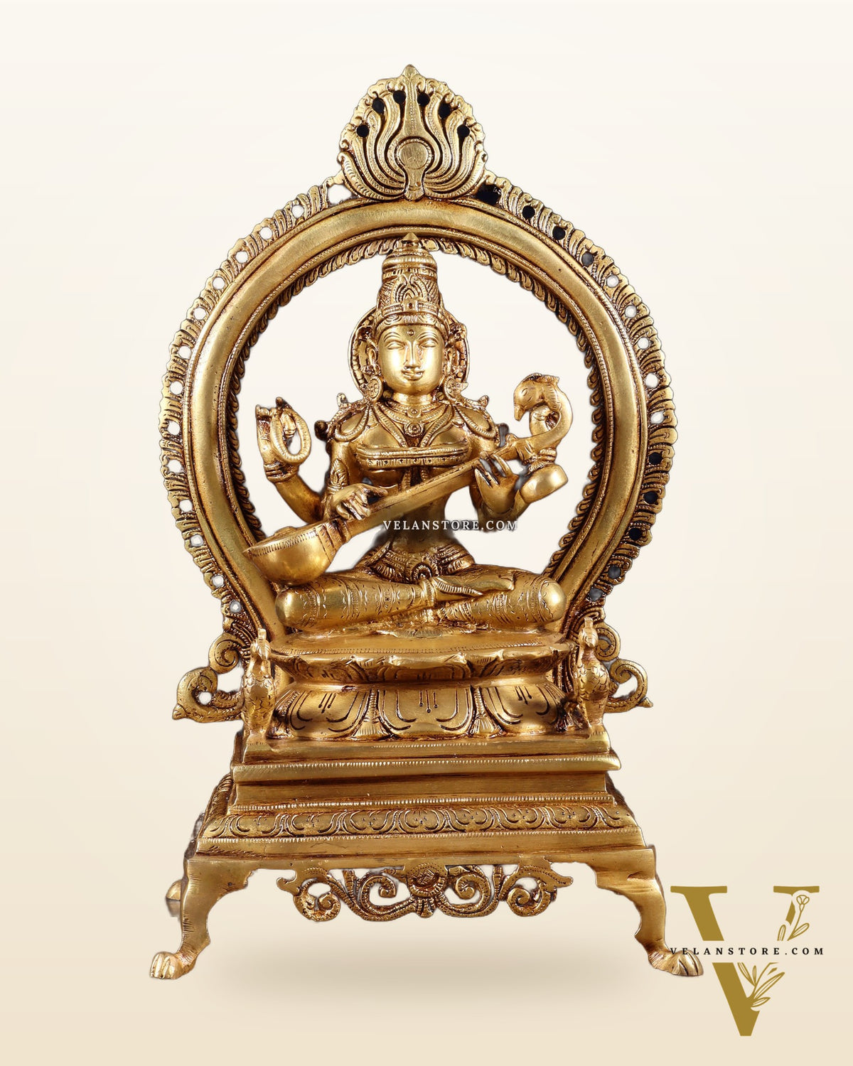 Pure Brass Goddess Saraswati Idol with Prabhavali | 13 Inch