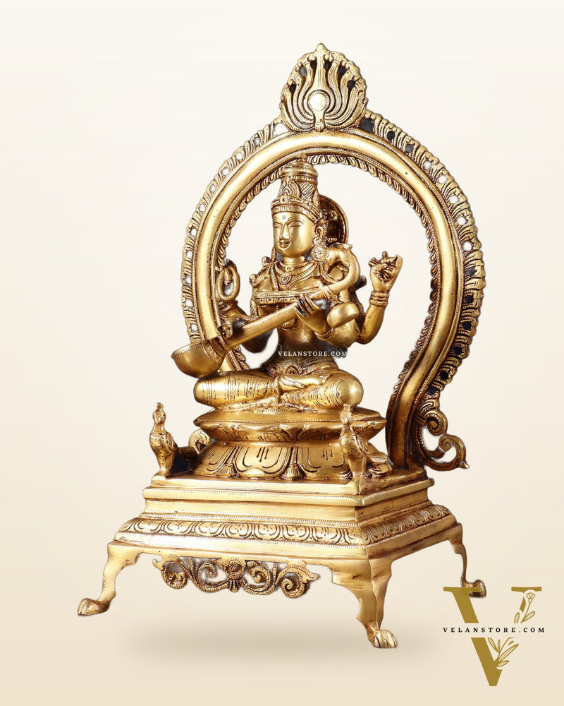 Pure Brass Goddess Saraswati Idol with Prabhavali | 13 Inch