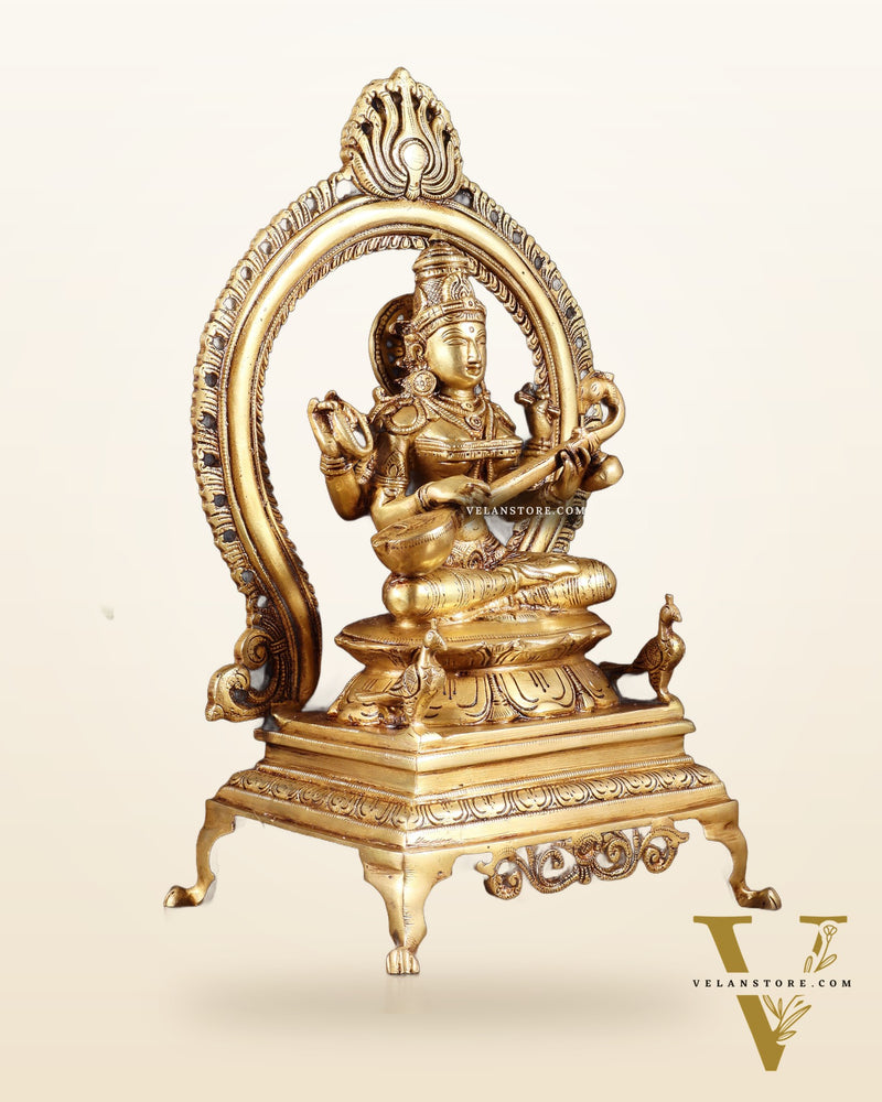 Pure Brass Goddess Saraswati Idol with Prabhavali | 13 Inch
