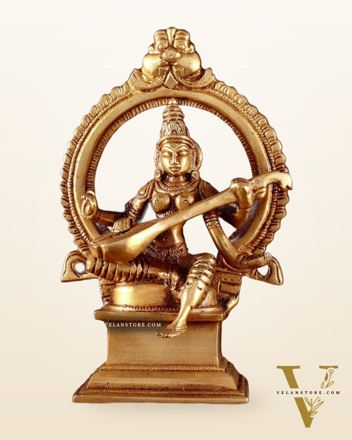 Pure Brass Goddess Saraswati Idol with Prabhavali 6"