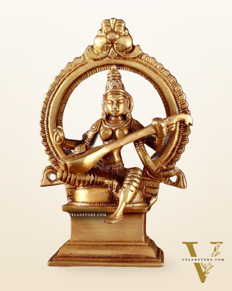 Pure Brass Goddess Saraswati Idol with Prabhavali 6"