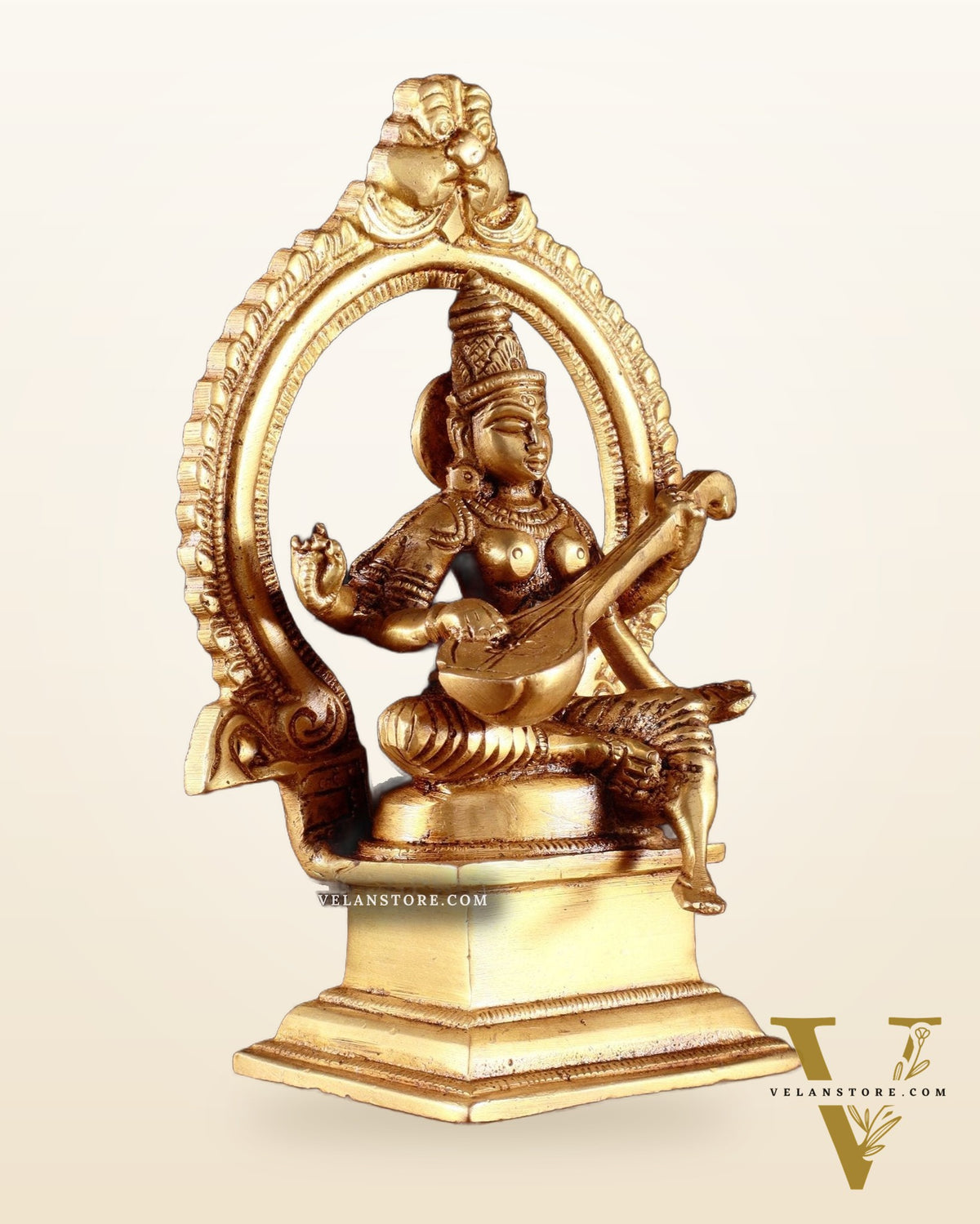 Pure Brass Goddess Saraswati Idol with Prabhavali 6"