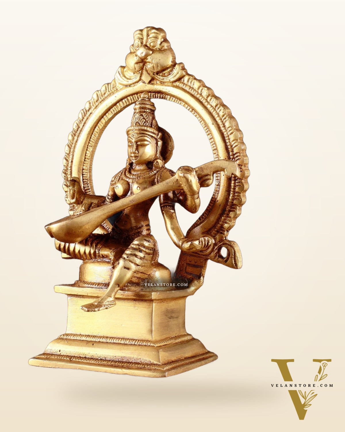 Pure Brass Goddess Saraswati Idol with Prabhavali 6"