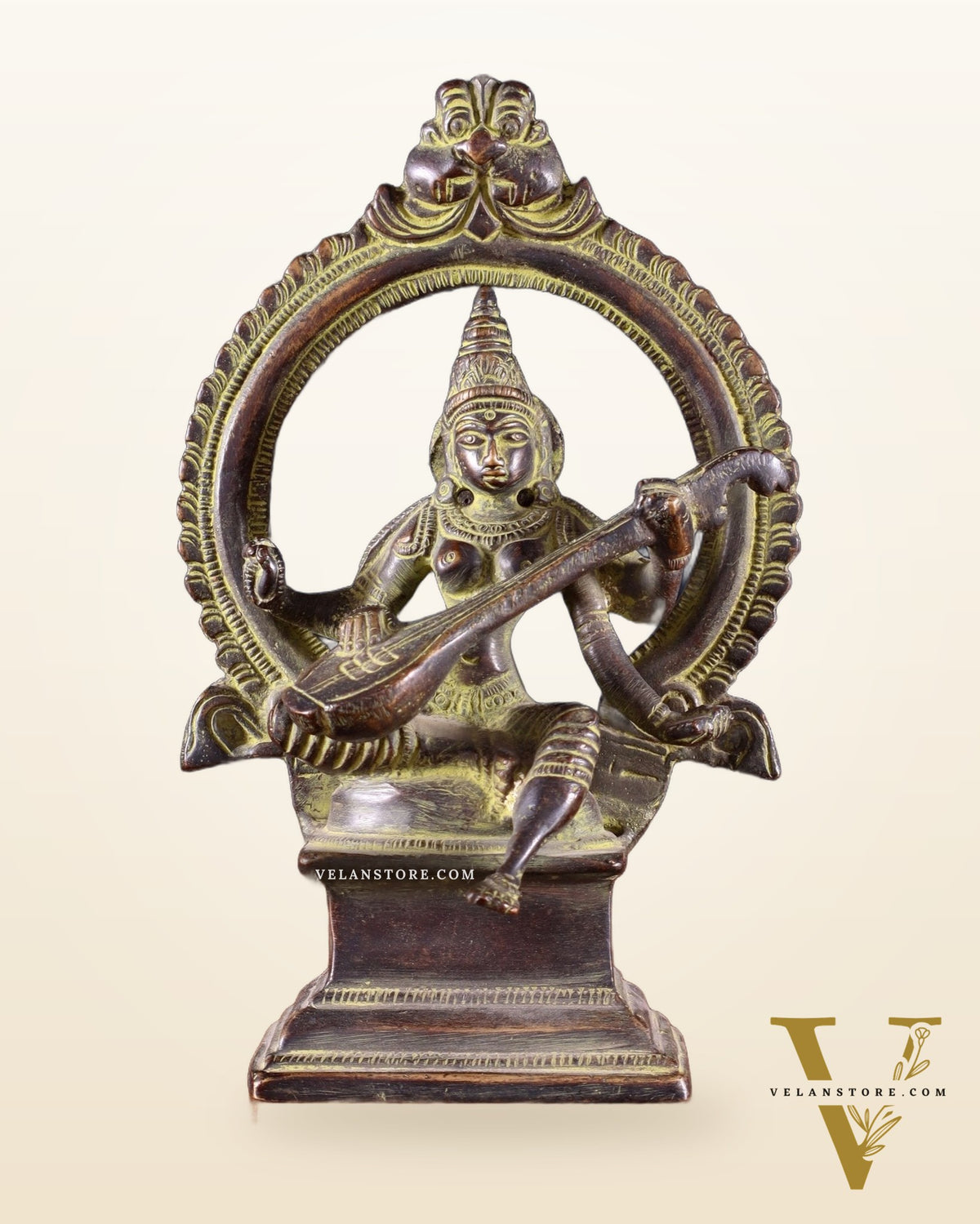 Pure Brass Goddess Saraswati Idol with Prabhavali – Green Tone 6"