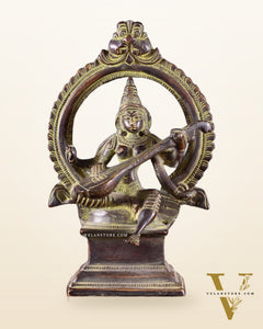 Pure Brass Goddess Saraswati Idol with Prabhavali – Green Tone 6"
