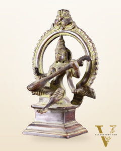 Pure Brass Goddess Saraswati Idol with Prabhavali – Green Tone 6"