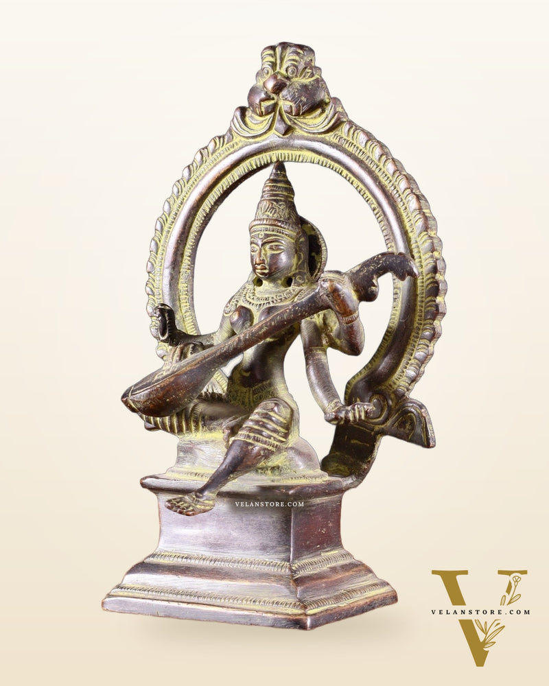 Pure Brass Goddess Saraswati Idol with Prabhavali – Green Tone 6"