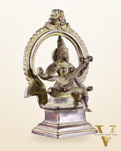 Pure Brass Goddess Saraswati Idol with Prabhavali – Green Tone 6"