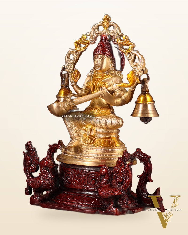 Pure Brass Goddess Saraswati Idol with Prabhavali, Peacock Vahan & Hanging Bells 8"