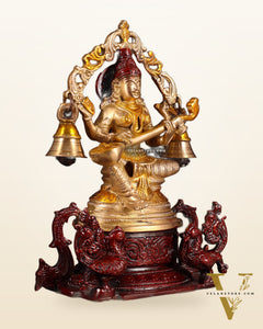 Pure Brass Goddess Saraswati Idol with Prabhavali, Peacock Vahan & Hanging Bells 8"