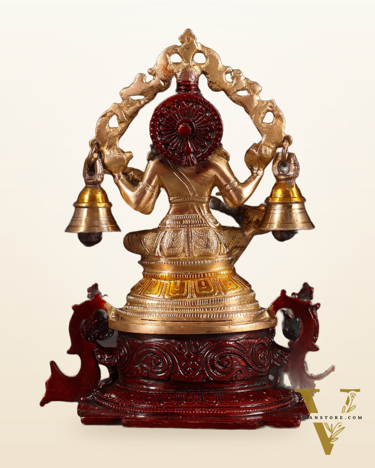 Pure Brass Goddess Saraswati Idol with Prabhavali, Peacock Vahan & Hanging Bells 8"