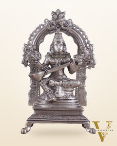 Pure Brass Goddess Saraswati Seated on a Throne – Silver Plated Idol 8.2"
