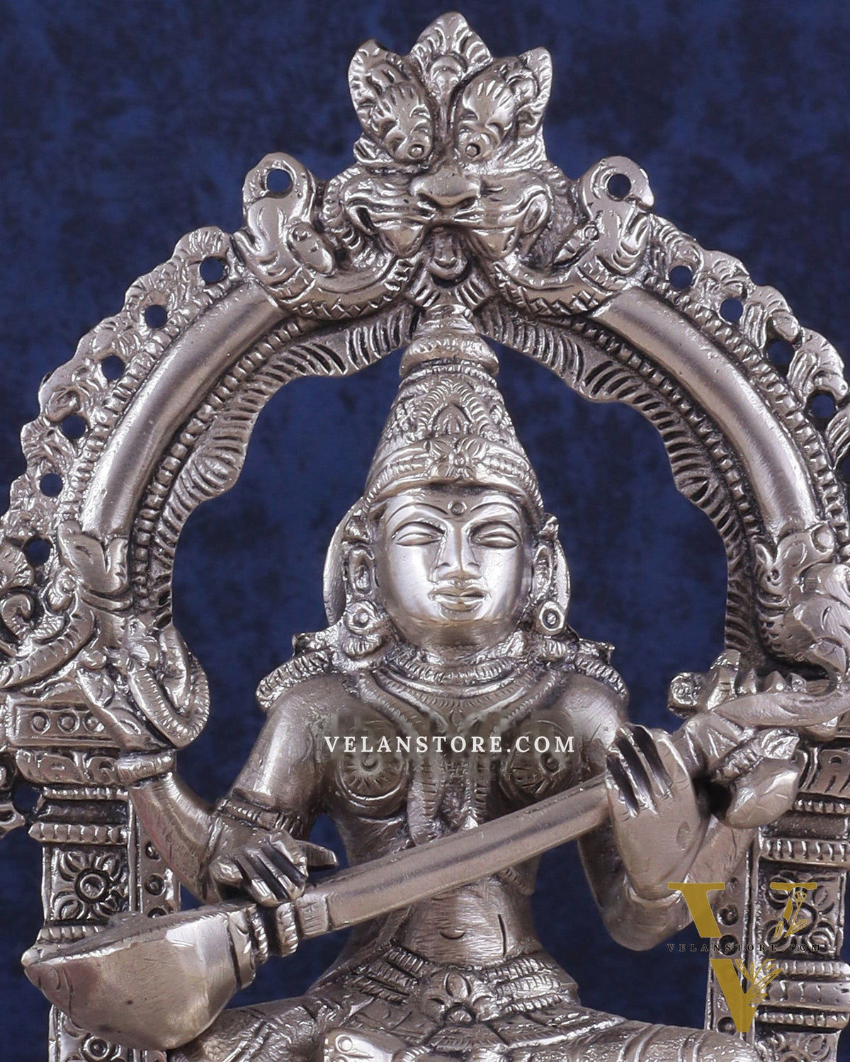Pure Brass Goddess Saraswati Seated on a Throne – Silver Plated Idol 8.2"