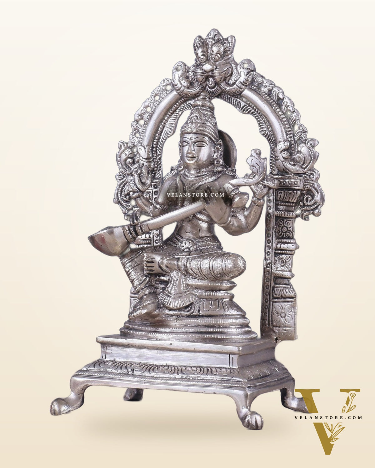 Pure Brass Goddess Saraswati Seated on a Throne – Silver Plated Idol 8.2"