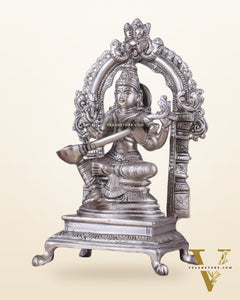 Pure Brass Goddess Saraswati Seated on a Throne – Silver Plated Idol 8.2"