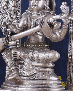 Pure Brass Goddess Saraswati Seated on a Throne – Silver Plated Idol 8.2"