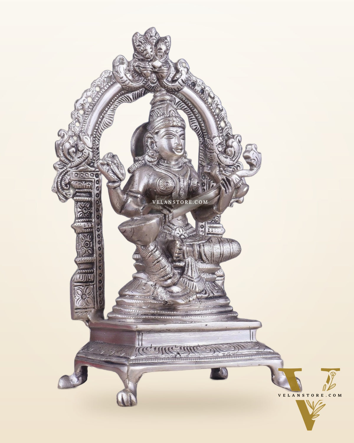 Pure Brass Goddess Saraswati Seated on a Throne – Silver Plated Idol 8.2"