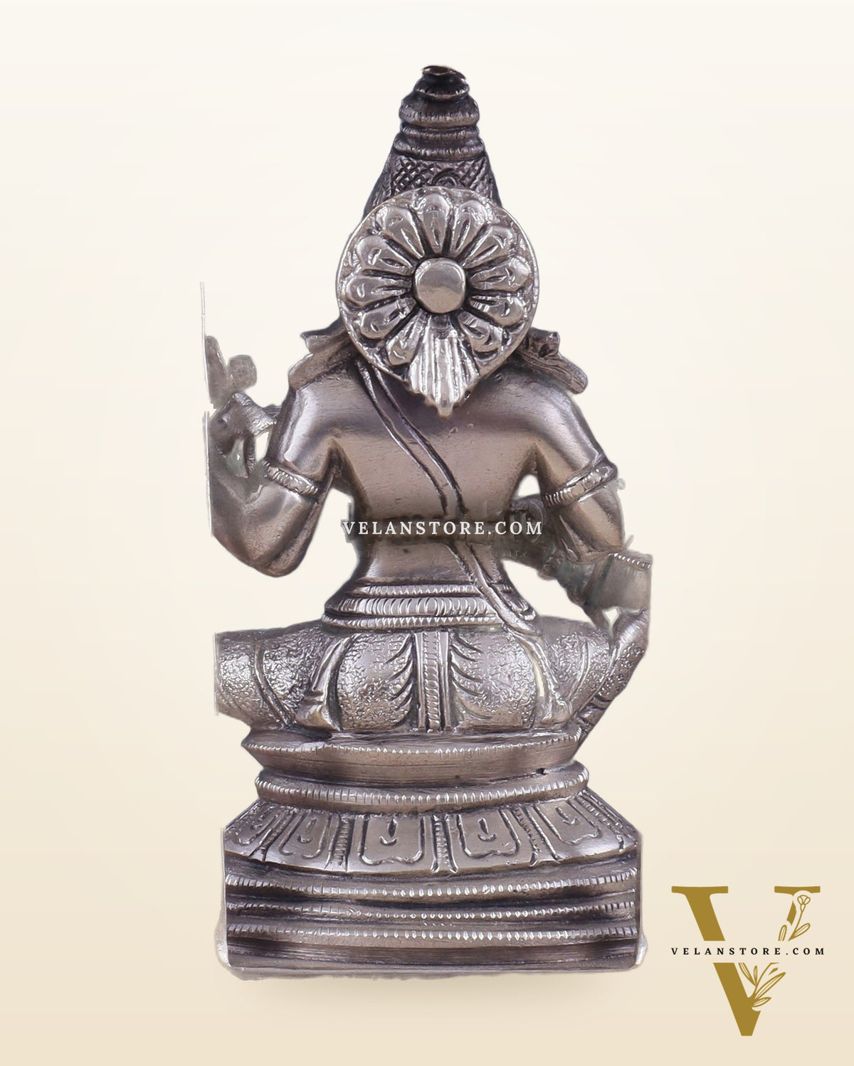 Pure Brass Goddess Saraswati Seated on a Throne – Silver Plated Idol 8.2"