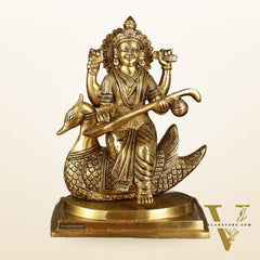 Pure Brass Goddess Saraswati Sitting on Swan Idol | 9 Inch Height | 4 KG