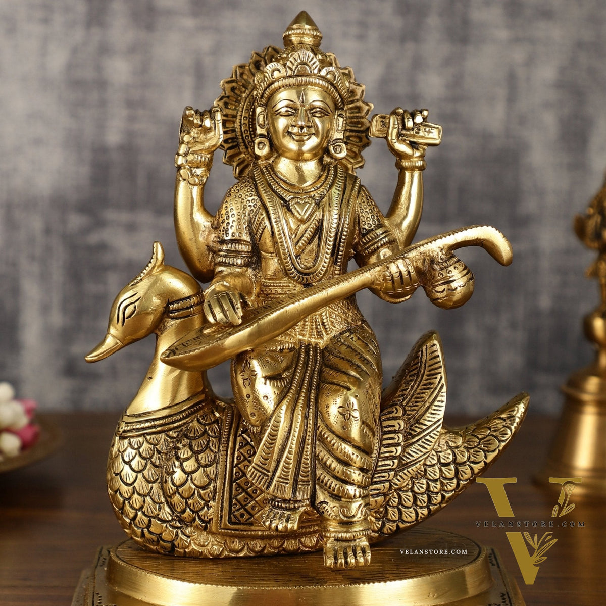 Pure Brass Goddess Saraswati Sitting on Swan Idol | 9 Inch Height | 4 KG