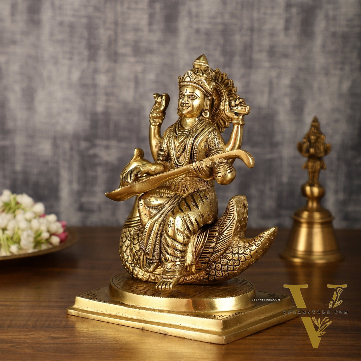 Pure Brass Goddess Saraswati Sitting on Swan Idol | 9 Inch Height | 4 KG