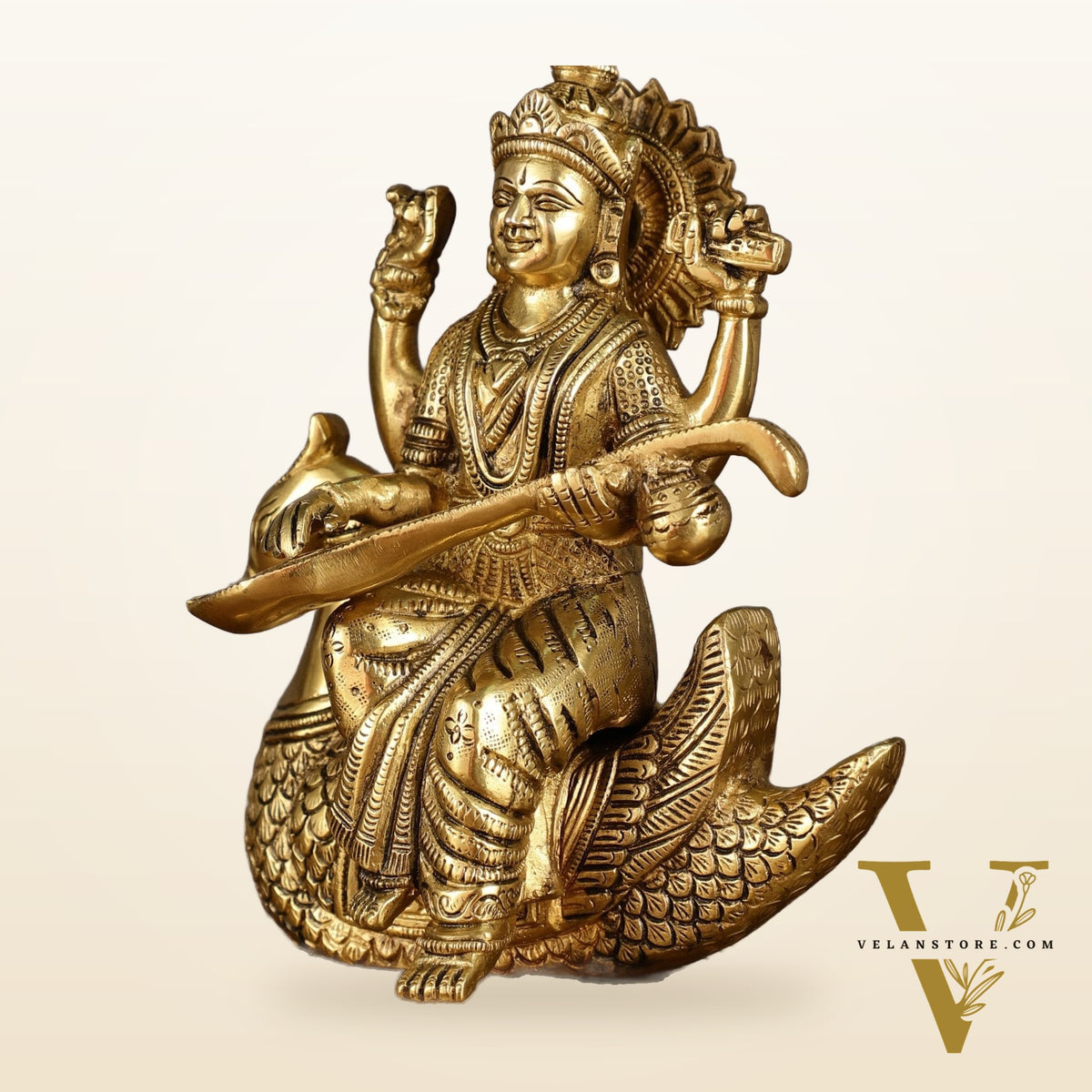 Pure Brass Goddess Saraswati Sitting on Swan Idol | 9 Inch Height | 4 KG