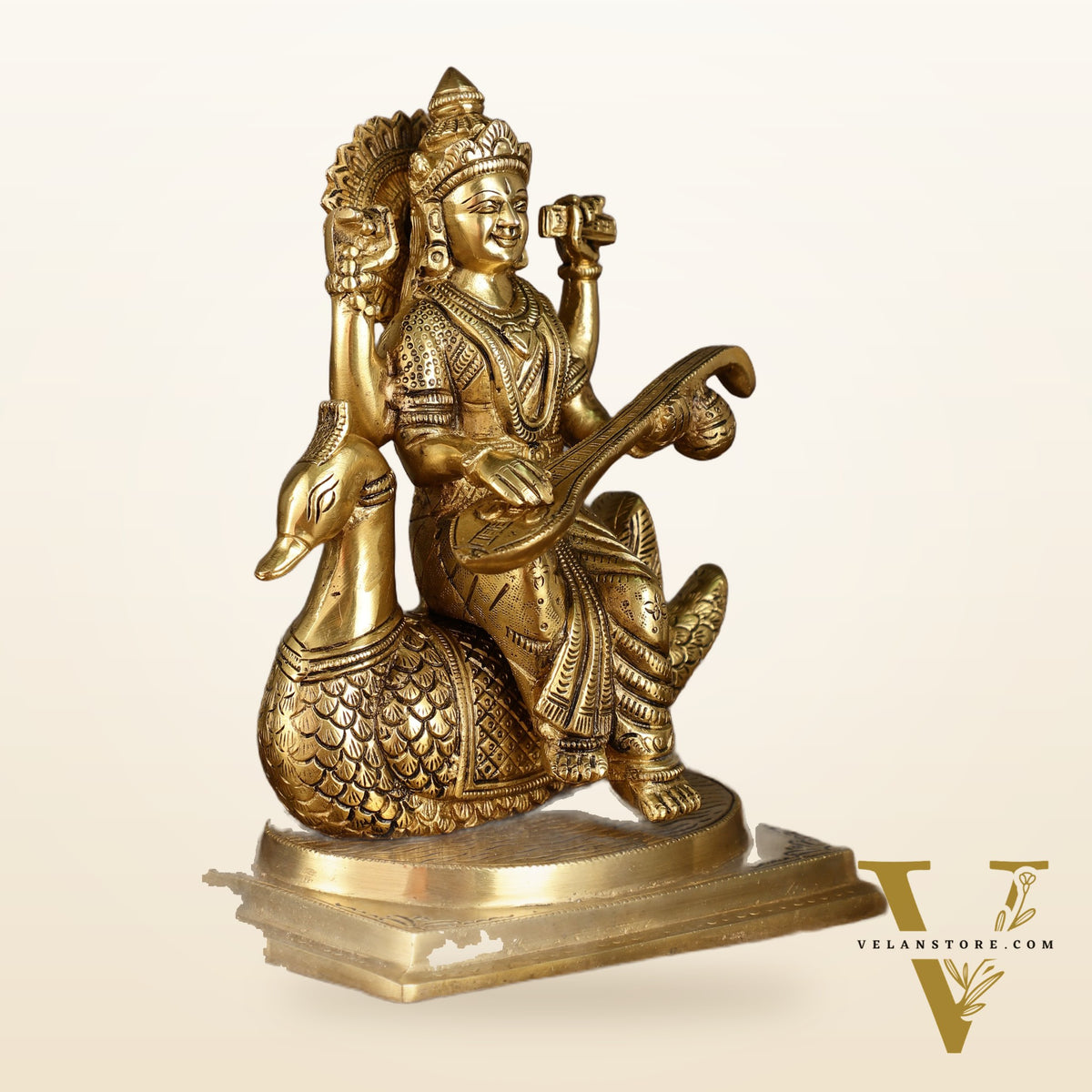 Pure Brass Goddess Saraswati Sitting on Swan Idol | 9 Inch Height | 4 KG