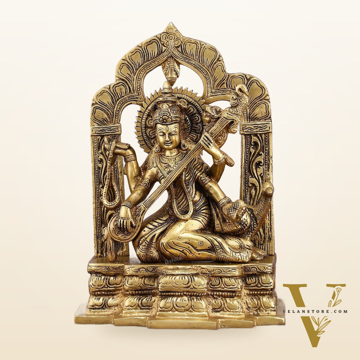 Pure Brass Goddess Saraswati Statue - 11" Divine Craftsmanship