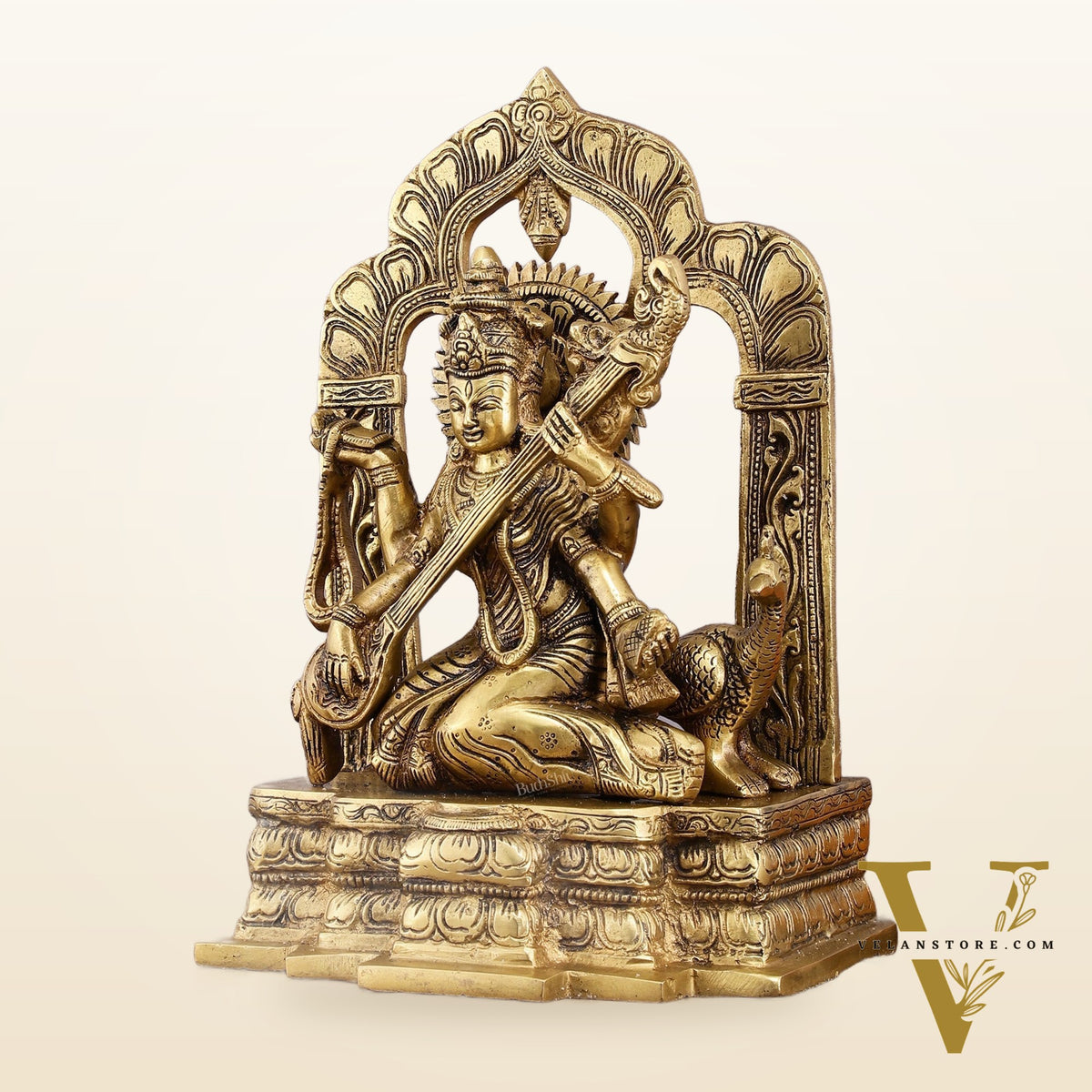 Pure Brass Goddess Saraswati Statue - 11" Divine Craftsmanship