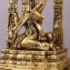 Pure Brass Goddess Saraswati Statue - 11" Divine Craftsmanship