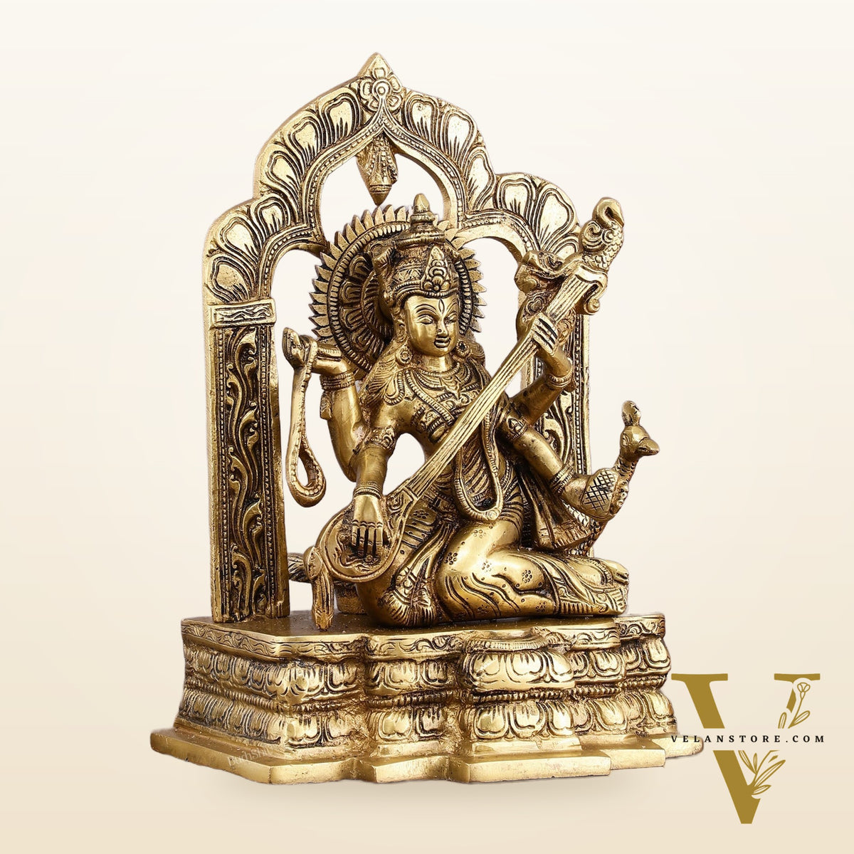 Pure Brass Goddess Saraswati Statue - 11" Divine Craftsmanship