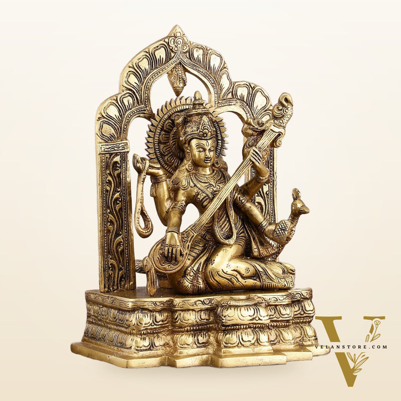 Pure Brass Goddess Saraswati Statue - 11" Divine Craftsmanship
