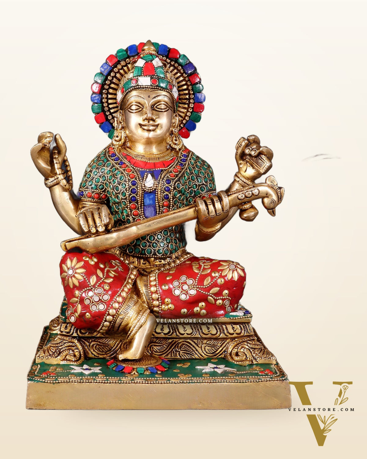 Pure Brass Goddess Saraswati Statue 12 Inch multicolour