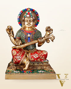 Pure Brass Goddess Saraswati Statue 12 Inch multicolour