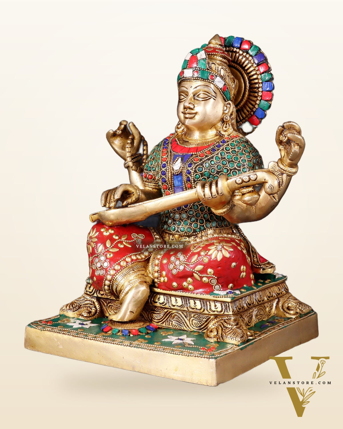 Pure Brass Goddess Saraswati Statue 12 Inch multicolour