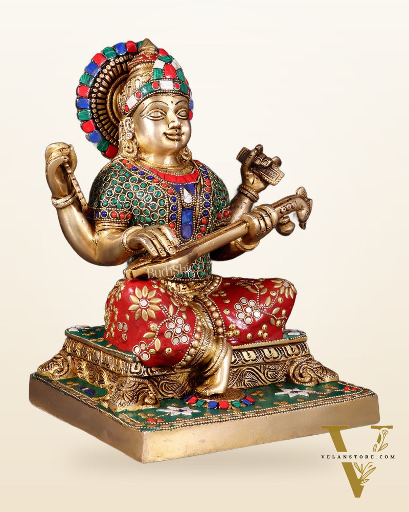 Pure Brass Goddess Saraswati Statue 12 Inch multicolour