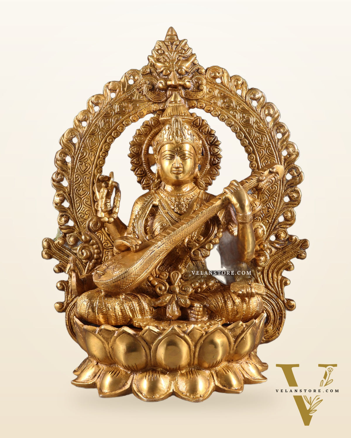 Pure Brass Goddess Saraswati with Prabhavali Arch Statue - 15"